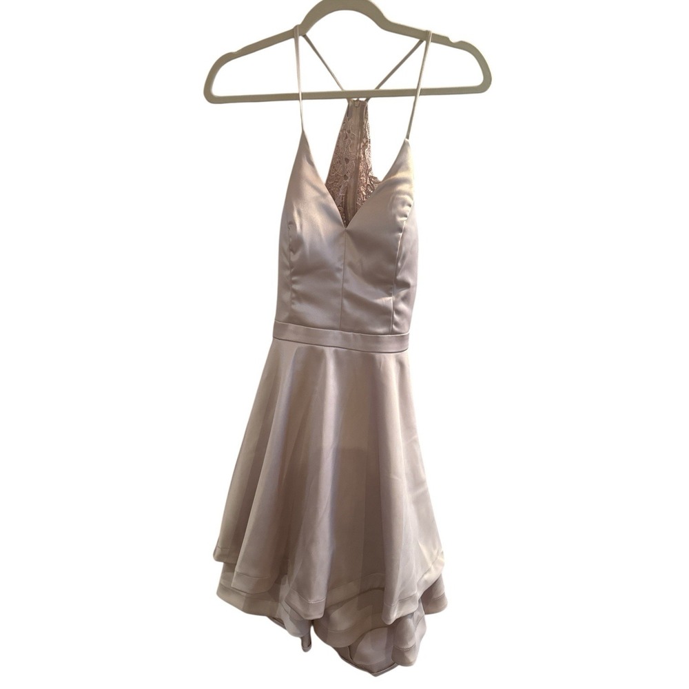 Sequin Hearts Buff Pink Woman's NWT Size 13 Mini Dress Lace Back Tiered Skirt